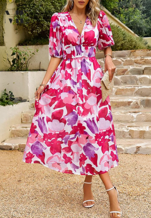V-Neck Floral A-Line Midi Dress