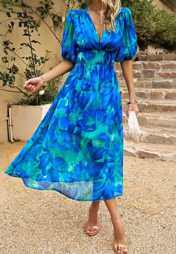 V-Neck Floral A-Line Midi Dress