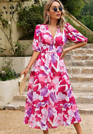 V-Neck Floral A-Line Midi Dress