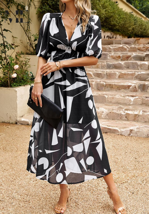 V-Neck Floral A-Line Midi Dress