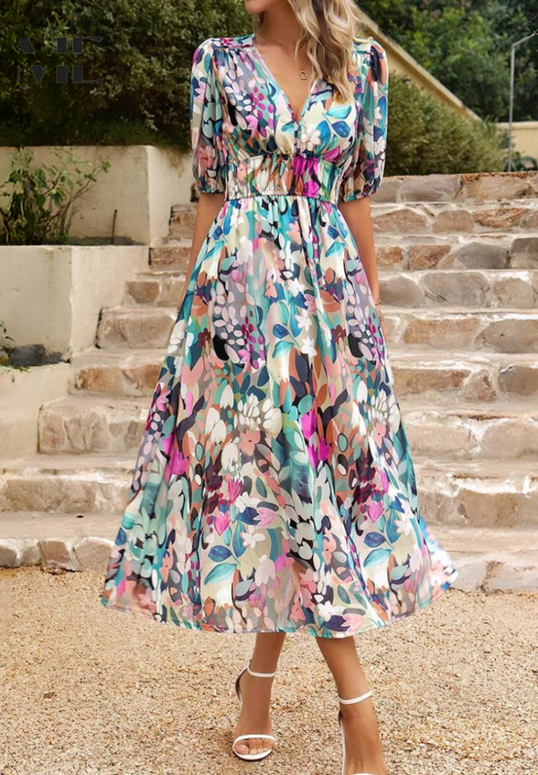 V-Neck Floral A-Line Midi Dress