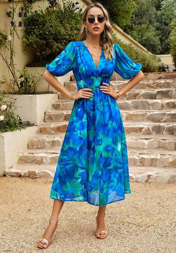 V-Neck Floral A-Line Midi Dress