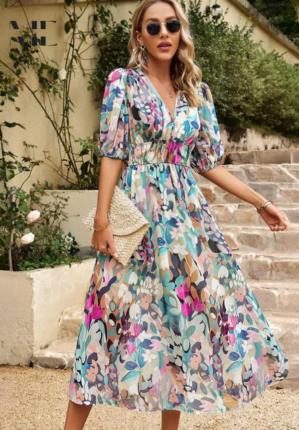 V-Neck Floral A-Line Midi Dress
