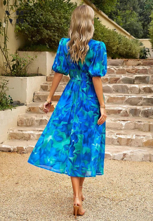 V-Neck Floral A-Line Midi Dress