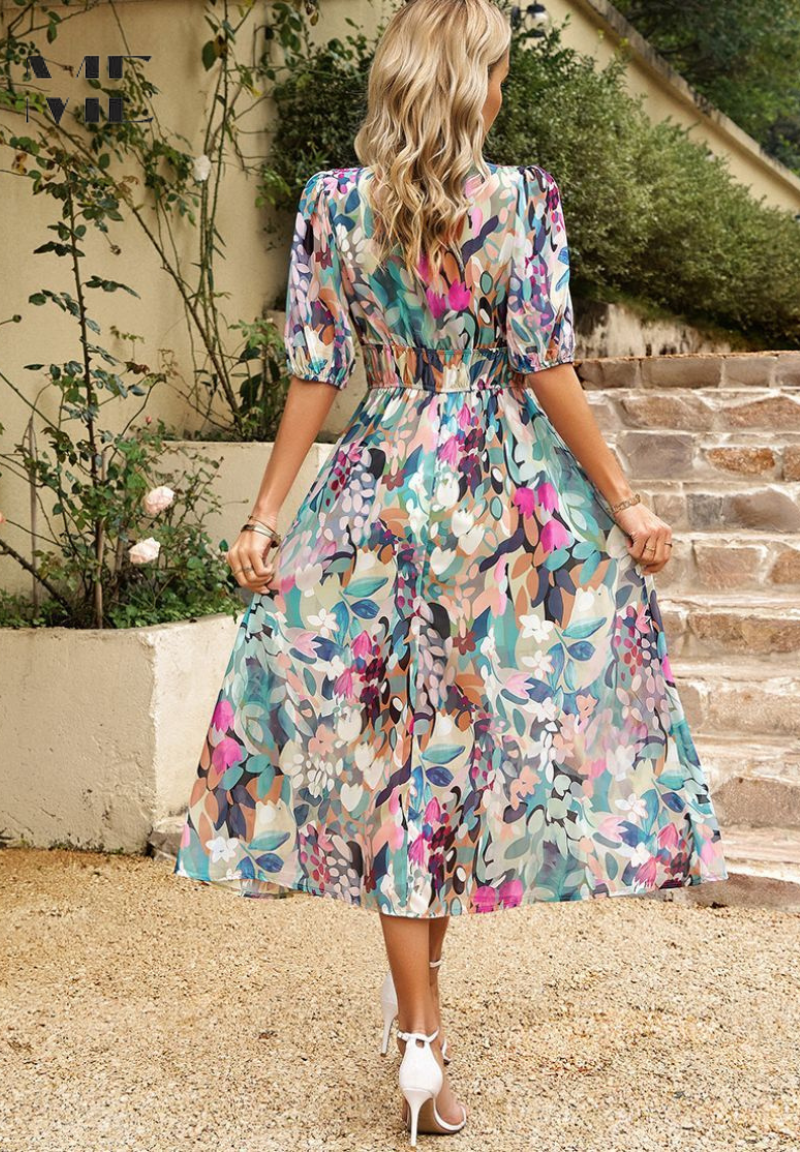 V-Neck Floral A-Line Midi Dress