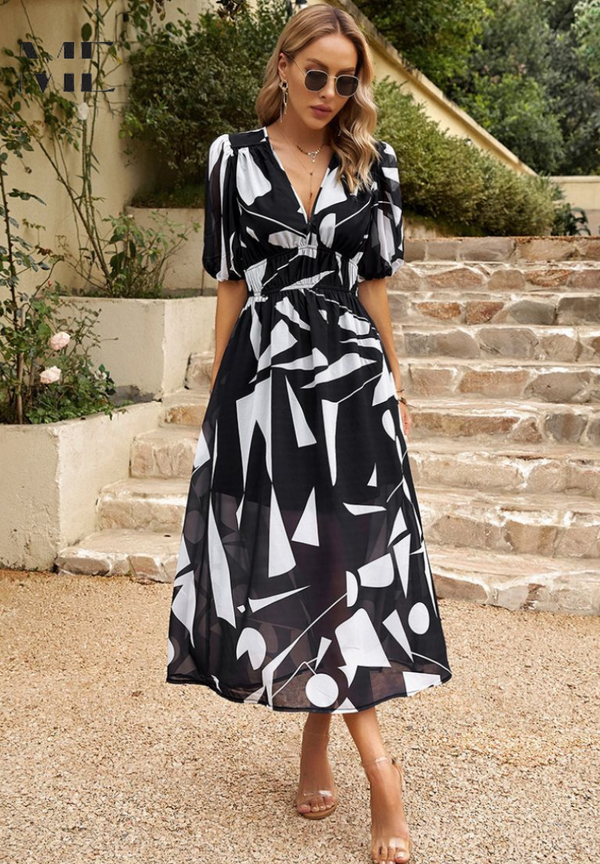 V-Neck Floral A-Line Midi Dress